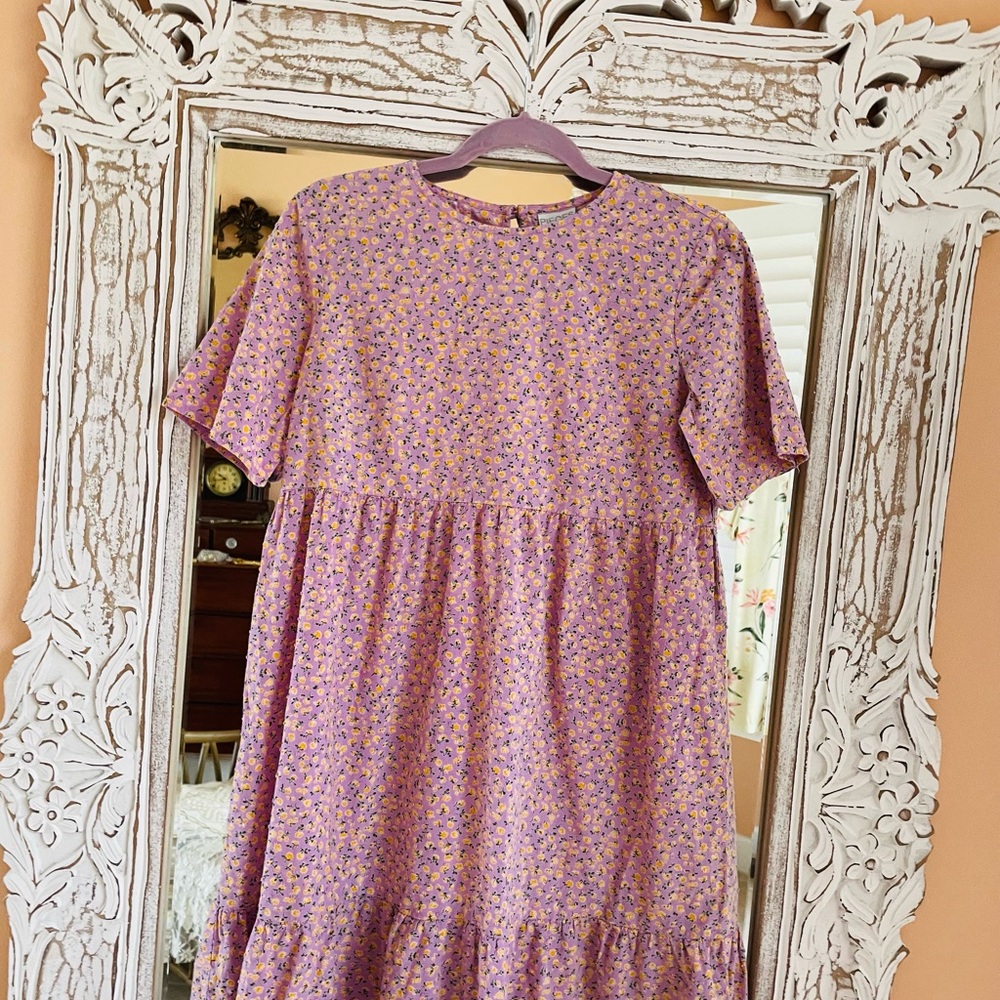 Textured Cotton Floral Print Tiered Short Sleeve Casual Cottage Dress Sm